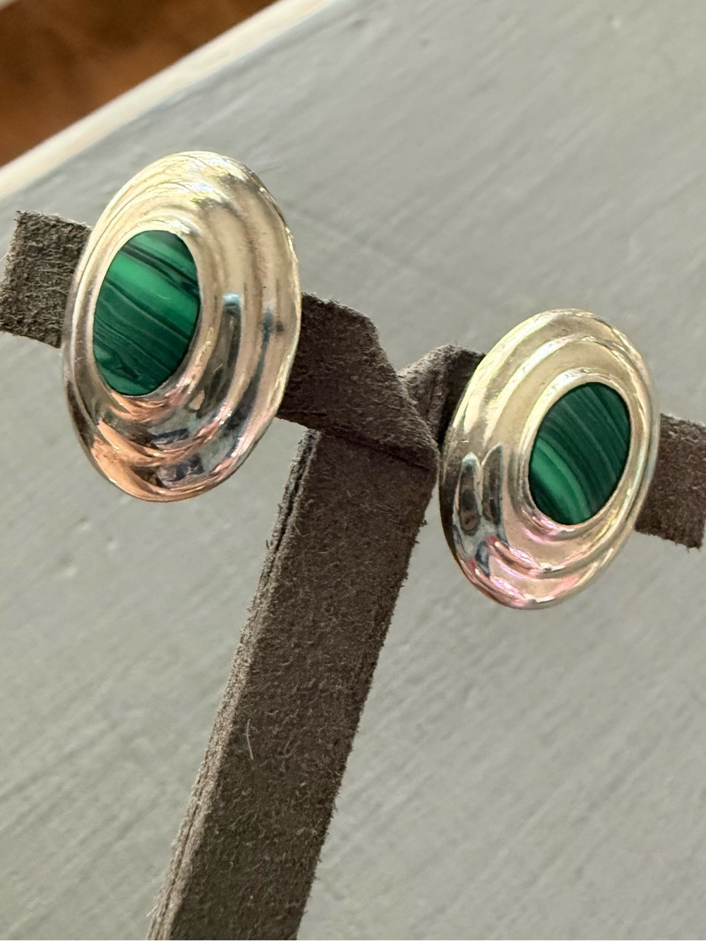 Mexico 925 Sterling Silver Earrings with Green Malachite Cabochons